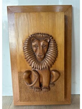 Vintage Carved Wooden Lion Wall Art /Sculpture 12 x 19.5, Artist Signed -1982